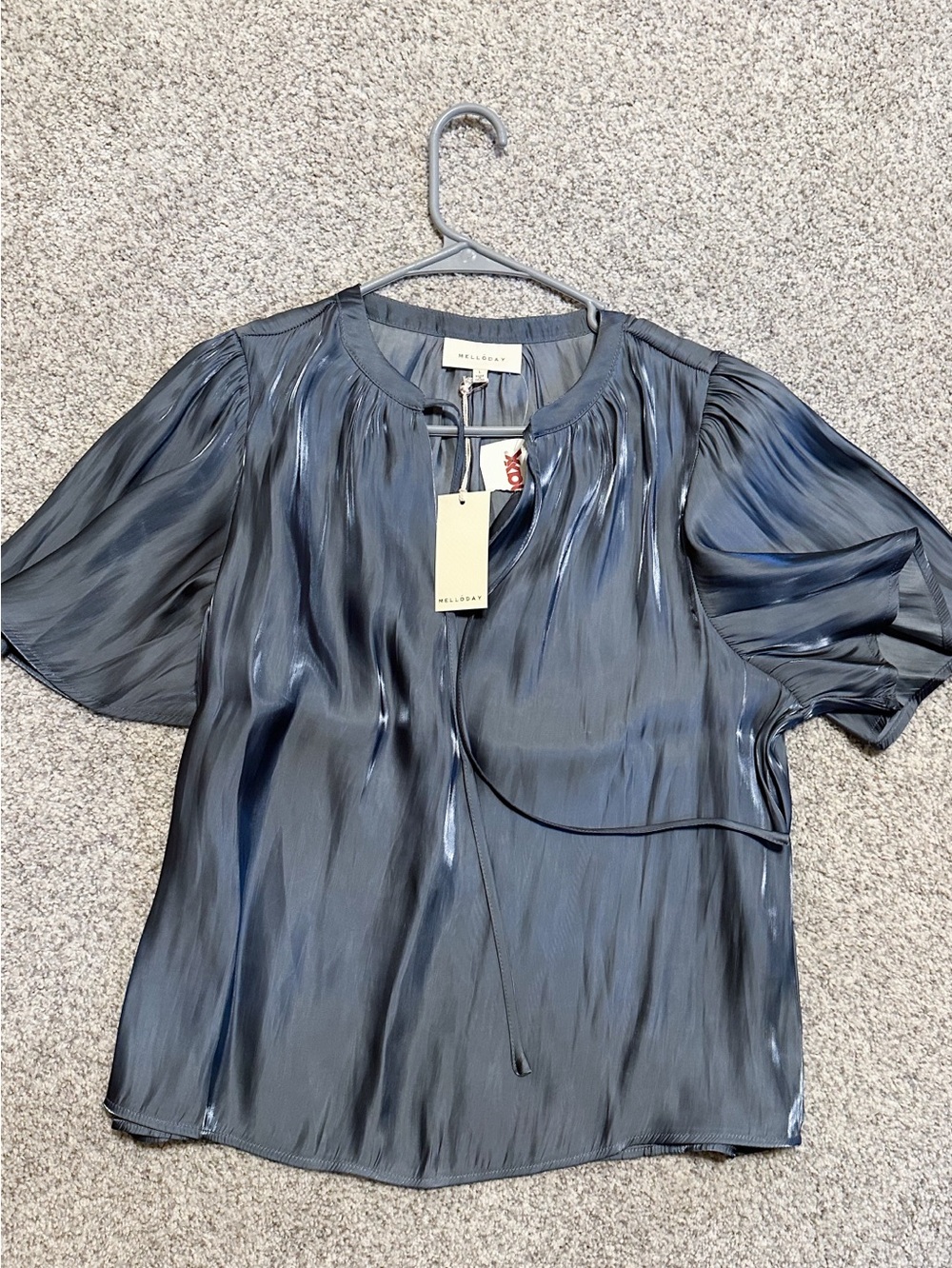 MELLODAY Women's Shimmer Navy Short-Sleeve Blouse NWT